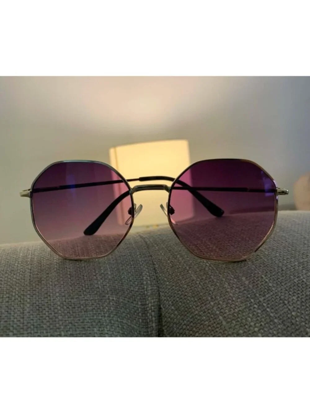 Unisex Octagonal Gold Metal Frame Gradient Purple Lens Sunglasses